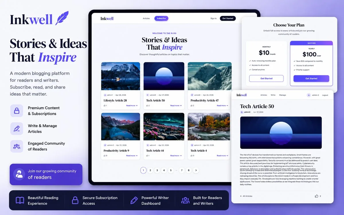 Screenshot of Inkwell, a subscription blogging platform with tiered Stripe billing