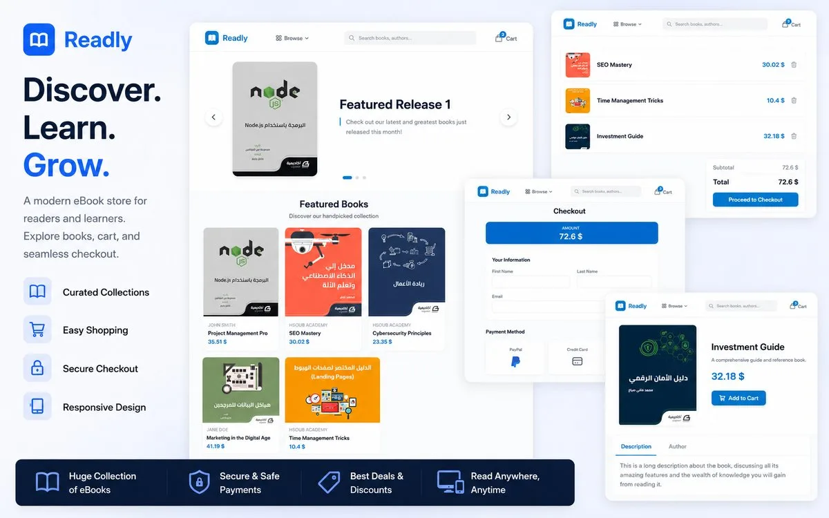 Screenshot of Readly, an online bookstore with Stripe and PayPal checkout